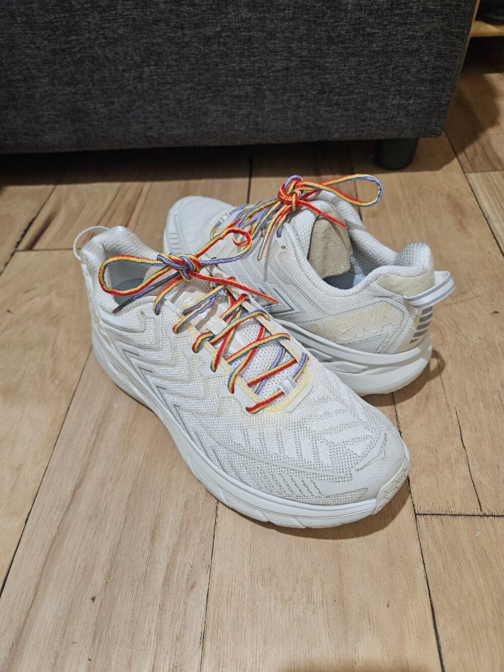 Hoka x Outdoor Voices Clifton Sneaker in White / Rainbow Laces (8) - Picture 2 of 8